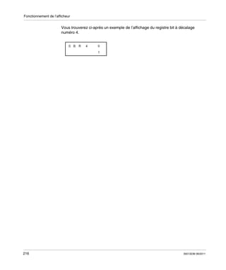 Fonctionnement de l’afficheur

Vous trouverez ci-après un exemple de l’affichage du registre bit à décalage
numéro 4.

216

35013236 06/2011

 
