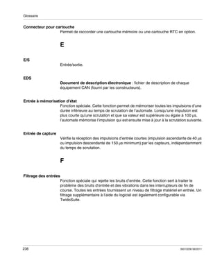 Glossaire

Connecteur pour cartouche
Permet de raccorder une cartouche mémoire ou une cartouche RTC en option.

E
E/S
Entrée/sortie.
EDS
Document de description électronique : fichier de description de chaque
équipement CAN (fourni par les constructeurs).
Entrée à mémorisation d’état
Fonction spéciale. Cette fonction permet de mémoriser toutes les impulsions d’une
durée inférieure au temps de scrutation de l’automate. Lorsqu’une impulsion est
plus courte qu’une scrutation et que sa valeur est supérieure ou égale à 100 μs,
l’automate mémorise l’impulsion qui est ensuite mise à jour à la scrutation suivante.
Entrée de capture
Vérifie la réception des impulsions d’entrée courtes (impulsion ascendante de 40 μs
ou impulsion descendante de 150 μs minimum) par les capteurs, indépendamment
du temps de scrutation.

F
Filtrage des entrées
Fonction spéciale qui rejette les bruits d’entrée. Cette fonction sert à traiter le
problème des bruits d’entrée et des vibrations dans les interrupteurs de fin de
course. Toutes les entrées fournissent un niveau de filtrage matériel en entrée. Un
filtrage supplémentaire à l’aide du logiciel est également configurable via
TwidoSuite.

238

35013236 06/2011

 