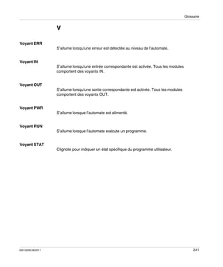 Glossaire

V
Voyant ERR
S’allume lorsqu’une erreur est détectée au niveau de l’automate.
Voyant IN
S’allume lorsqu’une entrée correspondante est activée. Tous les modules
comportent des voyants IN.
Voyant OUT
S’allume lorsqu’une sortie correspondante est activée. Tous les modules
comportent des voyants OUT.
Voyant PWR
S’allume lorsque l’automate est alimenté.
Voyant RUN
S’allume lorsque l’automate exécute un programme.
Voyant STAT
Clignote pour indiquer un état spécifique du programme utilisateur.

35013236 06/2011

241

 