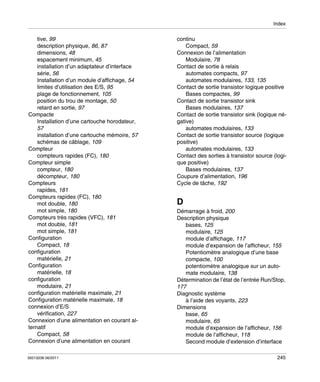 Index

tive, 99
description physique, 86, 87
dimensions, 48
espacement minimum, 45
installation d’un adaptateur d’interface
série, 56
Installation d’un module d’affichage, 54
limites d’utilisation des E/S, 95
plage de fonctionnement, 105
position du trou de montage, 50
retard en sortie, 97
Compacte
Installation d’une cartouche horodateur,
57
installation d’une cartouche mémoire, 57
schémas de câblage, 109
Compteur
compteurs rapides (FC), 180
Compteur simple
compteur, 180
décompteur, 180
Compteurs
rapides, 181
Compteurs rapides (FC), 180
mot double, 180
mot simple, 180
Compteurs très rapides (VFC), 181
mot double, 181
mot simple, 181
Configuration
Compact, 18
configuration
matérielle, 21
Configuration
matérielle, 18
configuration
modulaire, 21
configuration matérielle maximale, 21
Configuration matérielle maximale, 18
connexion d’E/S
vérification, 227
Connexion d’une alimentation en courant alternatif
Compact, 58
Connexion d’une alimentation en courant
35013236 06/2011

continu
Compact, 59
Connexion de l’alimentation
Modulaire, 78
Contact de sortie à relais
automates compacts, 97
automates modulaires, 133, 135
Contact de sortie transistor logique positive
Bases compactes, 99
Contact de sortie transistor sink
Bases modulaires, 137
Contact de sortie transistor sink (logique négative)
automates modulaires, 133
Contact de sortie transistor source (logique
positive)
automates modulaires, 133
Contact des sorties à transistor source (logique positive)
Bases modulaires, 137
Coupure d’alimentation, 196
Cycle de tâche, 192

D
Démarrage à froid, 200
Description physique
bases, 125
modulaire, 125
module d’affichage, 117
module d’expansion de l’afficheur, 155
Potentiomètre analogique d’une base
compacte, 100
potentiomètre analogique sur un automate modulaire, 138
Détermination de l’état de l’entrée Run/Stop,
177
Diagnostic système
à l’aide des voyants, 223
Dimensions
base, 65
modulaire, 65
module d’expansion de l’afficheur, 156
module de l’afficheur, 118
Second module d’extension d’interface
245

 