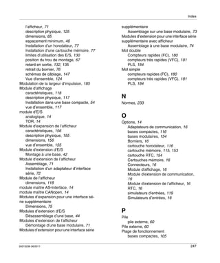 Index

l’afficheur, 71
description physique, 125
dimensions, 65
espacement minimum, 46
Installation d’un horodateur, 77
Installation d’une cartouche mémoire, 77
limites d’utilisation des E/S, 130
position du trou de montage, 67
retard en sortie, 132, 135
retrait du bornier, 76
schémas de câblage, 147
Vue d’ensemble, 124
Modulation de la largeur d’impulsion, 185
Module d’affichage
caractéristiques, 118
description physique, 117
Installation dans une base compacte, 54
vue d’ensemble, 117
module d’E/S
analogique, 14
TOR, 14
Module d’expansion de l’afficheur
caractéristiques, 156
description physique, 155
dimensions, 156
vue d’ensemble, 155
Module d’extension d’E/S
Montage à une base, 42
Module d’extension de l’afficheur
Assemblage, 71
Installation d’un adaptateur d’interface
série, 72
Module de l’afficheur
dimensions, 118
module maître AS-Interface, 14
module maître CANopen, 14
Modules d’expansion pour une interface série supplémentaire
Dimensions, 75
Modules d’extension d’E/S
Désassemblage d’une base, 44
Modules d’extension de l’afficheur
Démontage d’une base modulaire, 71
Modules d’extension pour une interface série

35013236 06/2011

supplémentaire
Assemblage sur une base modulaire, 73
Modules d’extension pour une interface série
supplémentaire avec afficheur
Assemblage à une base modulaire, 74
Mot double
Compteurs rapides (FC), 180
compteurs très rapides (VFC), 181
PLS, 184
Mot simple
compteurs rapides (FC), 180
compteurs très rapides (VFC), 181
PLS, 184

N
Normes, 233

O
Options, 14
Adaptateurs de communication, 16
bases compactes, 116
bases modulaires, 154
Borniers, 16
cartouche horodateur, 116
cartouche mémoire, 115, 153
cartouche RTC, 154
Cartouches mémoire, 16
Connecteurs, 16
Module d’affichage, 16
Module d’extension de communication,
16
Module d’extension de l’afficheur, 16
RTC, 16
simulateurs d’entrées, 119
Simulateurs d’entrées, 16

P
Pile
pile externe, 60
Pile externe, 60
Plage de fonctionnement
bases compactes, 105
247

 