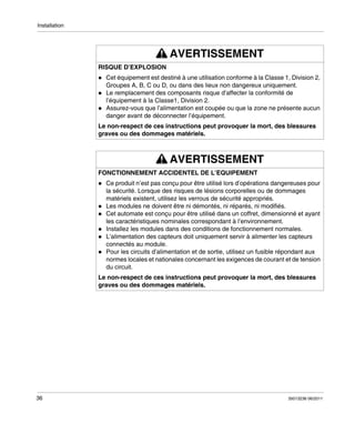 Installation

AVERTISSEMENT
RISQUE D’EXPLOSION
Cet équipement est destiné à une utilisation conforme à la Classe 1, Division 2,
Groupes A, B, C ou D, ou dans des lieux non dangereux uniquement.
Le remplacement des composants risque d’affecter la conformité de
l’équipement à la Classe1, Division 2.
Assurez-vous que l’alimentation est coupée ou que la zone ne présente aucun
danger avant de déconnecter l’équipement.
Le non-respect de ces instructions peut provoquer la mort, des blessures
graves ou des dommages matériels.

AVERTISSEMENT
FONCTIONNEMENT ACCIDENTEL DE L’EQUIPEMENT
Ce produit n’est pas conçu pour être utilisé lors d’opérations dangereuses pour
la sécurité. Lorsque des risques de lésions corporelles ou de dommages
matériels existent, utilisez les verrous de sécurité appropriés.
Les modules ne doivent être ni démontés, ni réparés, ni modifiés.
Cet automate est conçu pour être utilisé dans un coffret, dimensionné et ayant
les caractéristiques nominales correspondant à l’environnement.
Installez les modules dans des conditions de fonctionnement normales.
L’alimentation des capteurs doit uniquement servir à alimenter les capteurs
connectés au module.
Pour les circuits d’alimentation et de sortie, utilisez un fusible répondant aux
normes locales et nationales concernant les exigences de courant et de tension
du circuit.
Le non-respect de ces instructions peut provoquer la mort, des blessures
graves ou des dommages matériels.

36

35013236 06/2011

 