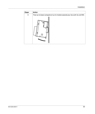 Installation
Etape
3

35013236 06/2011

Action
Tirez sur la base compacte et sur le module associé pour les sortir du rail DIN.

53

 
