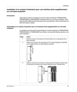 Installation

Installation d’un module d’extension pour une interface série supplémentaire
sur une base modulaire
Introduction
Cette section décrit le montage du second module d’extension TWDNOZ232D,
TWDNOZ485D et TWDNOZ485T d’interface série sur une base modulaire. Votre
base peut être différente des illustrations de ces procédures, mais le mécanisme de
base est toujours valable.
Assemblage d’un module d’expansion pour une interface série supplémentaire sur une base
modulaire
La procédure suivante décrit l’assemblage du module d’expansion TWDNOZ485D,
TWDNOZ232D ou TWDNOZ485T pour obtenir une seconde interface série sur une
base modulaire.
Etape

Action

1
2

Vérifiez que le bouton de verrouillage noir du module d’extension d’interface
série supplémentaire est relâché (position relevée).

3

35013236 06/2011

Retirez le cache du connecteur de communication sur le côté gauche de la
base modulaire.

Alignez l’ouverture du connecteur du côté gauche de la base modulaire avec
le connecteur du côté droit du module d’expansion pour l’interface série.

73

 