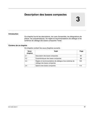 Automates programmables Twido
Description des bases compactes
35013236 06/2011

Description des bases compactes

3

Introduction
Ce chapitre fournit les descriptions, les vues d’ensemble, les désignations de
pièces, les caractéristiques, les règles et recommandations de câblage et les
schémas de câblage des bases compactes Twido.
Contenu de ce chapitre
Ce chapitre contient les sous-chapitres suivants :
Souschapitre

Sujet

Page

3.1

82

Caractéristiques des bases compactes

88

3.3

Règles et recommandations de câblage et les schémas de
câblage des bases compactes

103

3.4

35013236 06/2011

Description des bases compactes

3.2

Options des bases compactes

114

81

 
