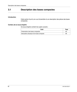 Description des bases compactes

3.1

Description des bases compactes

Introduction
Cette section fournit une vue d’ensemble et une description des pièces des bases
compactes.
Contenu de ce sous-chapitre
Ce sous-chapitre contient les sujets suivants :
Sujet

Page

Présentation des bases compactes
Description physique d’une base compacte

82

83
86

35013236 06/2011

 