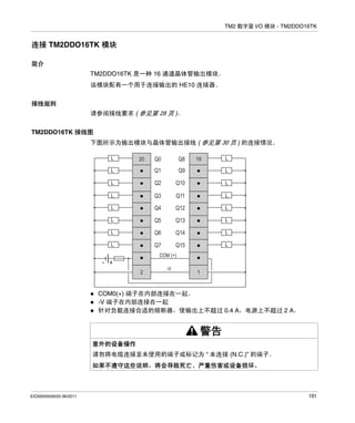 TM2 数字量 I/O 模块 - TM2DDO16TK

连接 TM2DDO16TK 模块
简介
TM2DDO16TK 是一种 16 通道晶体管输出模块。
该模块配有一个用于连接输出的 HE10 连接器。
接线规则
请参阅接线要求 ( 参见第 28 页 )。
TM2DDO16TK 接线图
下图所示为输出模块与晶体管输出接线 ( 参见第 30 页 ) 的连接情况。
L

L

Q0

Q8

L

Q1

Q9

L

L

Q2

Q10

L

L

Q3

Q11

L

L

Q4

Q12

L

L

Q5

Q13

L

L

Q6

Q14

L

L

Q7

Q15

L

20

19

COM (+)

- +
2

-V

1

COM0(+) 端子在内部连接在一起。
-V 端子在内部连接在一起
针对负载连接合适的熔断器，使输出上不超过 0.4 A，电源上不超过 2 A。

警告
意外的设备操作
请勿将电缆连接至未使用的端子或标记为 “ 未连接 (N.C.)” 的端子。
如果不遵守这些说明，将会导致死亡、严重伤害或设备损坏。

EIO0000000033 06/2011

101

 