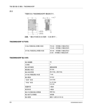 TM2 数字量 I/O 模块 - TM2DMM24DRF

尺寸
下图所示为 TM2DMM24DRF 模块的尺寸。

注意：* 拔出卡扣后为 8.5 毫米 （0.33 英寸）
。
TM2DMM24DRF 电气特性
5 Vdc 内部总线上的最大电流

70 mA （所有输入与输出开启）
10 mA （所有输入与输出关闭）

24 Vdc 内部总线上的最大电流

40 mA （所有输入与输出开启）
0 mA （所有输入与输出关闭）

TM2DMM24DRF 输入特性
输入通道数
公共端

1

输入信号类型

漏极或源极

额定输入电压

24 Vdc

输入电压范围

20.4 Vdc...28.8 Vdc

24 Vdc 时额定输入电流

7 mA

输入阻抗

3.4 kΩ

“ 关闭 ” 状态

U<5 Vdc

“ 开启 ” 状态

U>15 Vdc
I>2 mA

接通时间

4 毫秒

断开时间

4 毫秒

输入与内部总线之间隔离

500 Vac

输入端子之间隔离

未隔离

输入类型

126

16

类型 1 (IEC 61131-2)

EIO0000000033 06/2011

 