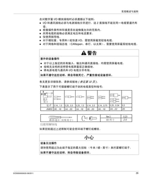 实现概述与规则

在对数字量 I/O 模块接线时必须遵循以下规则：
I/O 和通讯接线必须与电源接线分开进行。这 2 类接线不能在同一电缆管道内布
设。
检查操作条件和环境是否在规格值允许的范围内。
所用电缆的规格必须满足电压和电流要求。
仅使用铜导线。
对于模拟量、专用和 / 或快速 I/O，需使用屏蔽双绞线电缆。
对于网络和现场总线 （CANopen、串行、以太网）
，需要使用屏蔽双绞线电缆。

警告
意外的设备操作
对于以上指定的所有输入、输出和通讯类接线，均需使用屏蔽电缆。
按相关文档的说明使电缆屏蔽层正确接地。
将电源电缆与通讯和 I/O 电缆分开布线。
如果不遵守这些说明，将会导致死亡、严重伤害或设备损坏。
有关更多详细信息，请参阅接地 ( 参见第 32 页 )。
下表显示了用于可插拔螺钉端子块的电缆类型和线号：
9
0.35

2

0,14...1,5

AWG 26...16

Ø 2.5

0,25...0,5

0,25...1,5

0,14...0,5

0,14...0,75

0,25...0,34

0,5

24...20

24...16

26...20

26...18

24...22

20

0.10

C

N•
-

0,23
2.0

如果扭矩超过上述限制可能会损坏端子螺钉或螺纹。

小心
设备无法操作
请勿使用超过为此端子指定的最大扭矩 （牛米 / 磅 - 英寸）来拧紧螺钉端子。
如果不遵守这些说明，则会导致设备损坏。

EIO0000000033 06/2011

29

 
