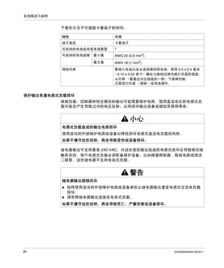 实现概述与规则

下表所示为不可插拔卡簧端子的特性：
特性

可用

端子类型

卡簧端子

可容纳的电线或电缆末端数量

1

可容纳的电线规格

最小值

AWG 20 (0.5 mm2)

最大值

AWG 18 (1 mm2)

接线约束

要插入电线以及从连接器拆除电线，使用 2.5 x 0.4 毫米
（0.10 x 0.02 英寸）螺丝刀推相应弹性板打开圆形插座。
从外侧 （最靠近对应插座的一侧）下推弹性板。
无需进行拧紧 （旋转）或弯曲操作。

保护输出免遭电感式负载损坏
根据负载，控制器和特定模块的输出可能需要保护电路。使用直流电压的电感式负
载可能会产生导致过冲的电压反射，从而损坏输出设备或缩短其使用寿命。

小心
电感式负载造成的输出电路损坏
使用适当的外部保护电路或设备以降低损坏电感式直流电负载的风险。
如果不遵守这些说明，将会导致受伤或设备损坏。
继电器输出可支持最高 240 VAC。对这些类型输出造成的电感式损坏会导致熔合接
触并失控。每个电感式负载必须配备保护设备，比如峰值限制器、阻容电路或续流
二极管。这些继电器不支持电容式负载。

警告
继电器输出熔接闭合
始终使用适当的外部保护电路或设备来防止继电器输出遭受电感式交流电负载
损坏。
请勿将继电器输出连接至电容式负载。
如果不遵守这些说明，将会导致死亡、严重伤害或设备损坏。

30

EIO0000000033 06/2011

 