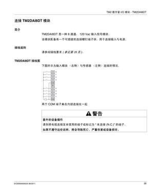 TM2 数字量 I/O 模块 - TM2DAI8DT

连接 TM2DAI8DT 模块
简介
TM2DAI8DT 是一种 8 通道， 120 Vac 输入信号模块。
该模块配备有一个可插拔的连接螺钉端子块，用于连接输入与电源。
接线规则
请参阅接线要求 ( 参见第 28 页 )。
TM2DAI8DT 接线图
下图所示为输入模块 （右侧）与传感器 （左侧）连接的情况。
0

I0

1

I1

2

I2

3

I3

COM
NC
4

I4

5

I5

6

I6

7

I7

COM

两个 COM 端子未在内部连接在一起

警告
意外的设备操作
请勿将电缆连接至未使用的端子或标记为 “ 未连接 (N.C.)” 的端子。
如果不遵守这些说明，将会导致死亡、严重伤害或设备损坏。

EIO0000000033 06/2011

39

 