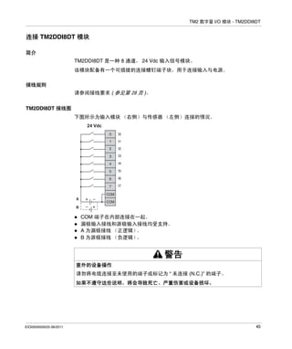 TM2 数字量 I/O 模块 - TM2DDI8DT

连接 TM2DDI8DT 模块
简介
TM2DDI8DT 是一种 8 通道， 24 Vdc 输入信号模块。
该模块配备有一个可插拔的连接螺钉端子块，用于连接输入与电源。
接线规则
请参阅接线要求 ( 参见第 28 页 )。
TM2DDI8DT 接线图
下图所示为输入模块 （右侧）与传感器 （左侧）连接的情况。
24 Vdc

COM 端子在内部连接在一起。
漏极输入接线和源极输入接线均受支持。
A 为漏极接线 （正逻辑）
。
B 为源极接线 （负逻辑）
。

警告
意外的设备操作
请勿将电缆连接至未使用的端子或标记为 “ 未连接 (N.C.)” 的端子。
如果不遵守这些说明，将会导致死亡、严重伤害或设备损坏。

EIO0000000033 06/2011

45

 