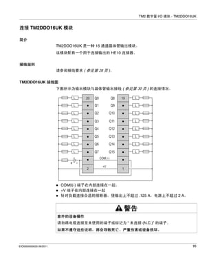 TM2 数字量 I/O 模块 - TM2DDO16UK

连接 TM2DDO16UK 模块
简介
TM2DDO16UK 是一种 16 通道晶体管输出模块。
该模块配有一个用于连接输出的 HE10 连接器。
接线规则
请参阅接线要求 ( 参见第 28 页 )。
TM2DDO16UK 接线图
下图所示为输出模块与晶体管输出接线 ( 参见第 30 页 ) 的连接情况。
L

L

Q0

Q8

L

Q1

Q9

L

L

Q2

Q10

L

L

Q3

Q11

L

L

Q4

Q12

L

L

Q5

Q13

L

L

Q6

Q14

L

L

Q7

Q15

L

20

19

COM (-)

+ 2

+V

1

COM0(-) 端子在内部连接在一起。
+V 端子在内部连接在一起
针对负载连接合适的熔断器，使输出上不超过 .125 A，电源上不超过 2 A。

警告
意外的设备操作
请勿将电缆连接至未使用的端子或标记为 “ 未连接 (N.C.)” 的端子。
如果不遵守这些说明，将会导致死亡、严重伤害或设备损坏。

EIO0000000033 06/2011

95

 