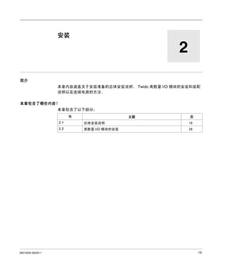 Twido 可编程控制器
安装
35013255 06/2011

安装

2
简介
本章内容涵盖关于安装准备的总体安装说明、 Twido 离散量 I/O 模块的安装和装配
说明以及连接电源的方法。
本章包含了哪些内容？
本章包含了以下部分：
节

主题

页

2.1

35013255 06/2011

总体安装说明

16

2.2

离散量 I/O 模块的安装

28

15

 