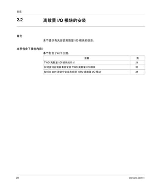 安装

2.2

离散量 I/O 模块的安装

简介
本节提供有关安装离散量 I/O 模块的信息。
本节包含了哪些内容？
本节包含了以下主题：
主题

页

TWD 离散量 I/O 模块的尺寸

32

如何在 DIN 滑轨中安装和拆除 TWD 离散量 I/O 模块

28

29

如何直接在面板表面安装 TWD 离散量 I/O 模块

34

35013255 06/2011

 