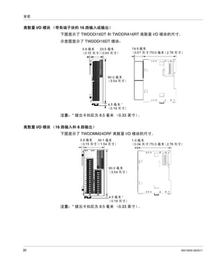 安装

离散量 I/O 模块 （带有端子块的 16 路输入或输出）
下图显示了 TWDDDI16DT 和 TWDDRA16RT 离散量 I/O 模块的尺寸。
示意图显示了 TWDDDI16DT 模块：

注意：* 拔出卡扣后为 8.5 毫米 （0.33 英寸）
。
离散量 I/O 模块 （16 路输入和 8 路输出）
下图显示了 TWDDMM24DRF 离散量 I/O 模块的尺寸。

注意：* 拔出卡扣后为 8.5 毫米 （0.33 英寸）
。

30

35013255 06/2011

 