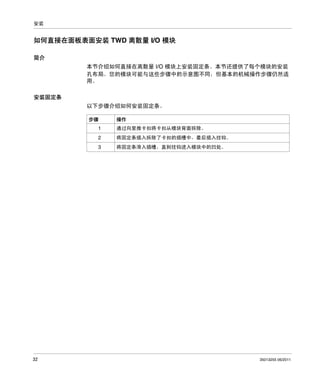安装

如何直接在面板表面安装 TWD 离散量 I/O 模块
简介
本节介绍如何直接在离散量 I/O 模块上安装固定条。本节还提供了每个模块的安装
孔布局。您的模块可能与这些步骤中的示意图不同，但基本的机械操作步骤仍然适
用。
安装固定条
以下步骤介绍如何安装固定条。
步骤

操作

1
2

将固定条插入拆除了卡扣的插槽中，最后插入挂钩。

3

32

通过向里推卡扣将卡扣从模块背面拆除。

将固定条滑入插槽，直到挂钩进入模块中的凹处。

35013255 06/2011

 