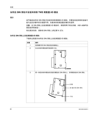 安装

如何在 DIN 滑轨中安装和拆除 TWD 离散量 I/O 模块
简介
本节描述如何在 DIN 滑轨中安装和拆除离散量 I/O 模块。您要安装或拆除的设备可
能与这些步骤中的示意图不同，但基本的机械装置步骤仍然适用。
注意： 在 DIN 滑轨上安装离散量 I/O 模块时，请使用两个终点挡板 （AB1-AB8P35
类型或同等类型）
。
有关更多信息，请参阅 DIN 导轨 ( 参见第 91 页 )l。
如何在 DIN 滑轨上安装离散量 I/O 模块
下面的过程显示如何在 DIN 滑轨上安装离散量 I/O 模块。
步骤

操作

1

拉出本体和模块部件底部的卡扣。

3

34

使用螺钉将 DIN 滑轨固定到面板上。

2

将一体型本体和模块的顶部凹槽放在 DIN 滑轨上，并将模块按向 DIN 滑轨。

35013255 06/2011

 