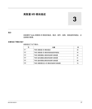 Twido 可编程控制器
离散量 I/O 模块描述
35013255 06/2011

离散量 I/O 模块描述

3
简介
本章提供 Twido 离散量 I/O 模块的描述、概述、部件、规格、接线规则和建议，以
及接线示意图。
本章包含了哪些内容？
本章包含了以下部分：
节

主题

页

TWD 离散量 I/O 模块描述

38

3.2

TWD 离散量 I/O 模块的接线规则和建议

44

3.3

TWD 离散量输入模块的规格与接线图

49

3.4

TWD 继电器输出模块的规格与接线图

61

3.5

TWD 晶体管输出模块的规格与接线图

69

3.6

TWD 离散量混合 I/O 模块的规格与接线图

79

3.1

35013255 06/2011

37

 