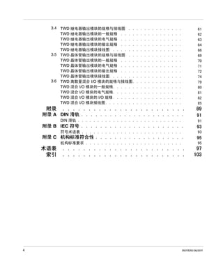 3.4 TWD 继电器输出模块的规格与接线图 . .
TWD 继电器输出模块的一般规格 . . . .
TWD 继电器输出模块的电气规格 . . . .
TWD 继电器输出模块的输出规格 . . . .
TWD 继电器输出模块接线图 . . . . . .
3.5 TWD 晶体管输出模块的规格与接线图 . .
TWD 晶体管输出模块的一般规格 . . . .
TWD 晶体管输出模块的电气规格 . . . .
TWD 晶体管输出模块的输出规格 . . . .
TWD 晶体管输出模块接线图 . . . . . .
3.6 TWD 离散量混合 I/O 模块的规格与接线图.
TWD 混合 I/O 模块的一般规格. . . . . .
TWD 混合 I/O 模块的电气规格. . . . . .
TWD 混合 I/O 模块的 I/O 规格 . . . . . .
TWD 混合 I/O 模块接线图. . . . . . . .

附录

.
.
.
.
.
.
.
.
.
.
.
.
.
.
.

.
.
.
.
.
.
.
.
.
.
.
.
.
.
.

.
.
.
.
.
.
.
.
.
.
.
.
.
.
.

.
.
.
.
.
.
.
.
.
.
.
.
.
.
.

.
.
.
.
.
.
.
.
.
.
.
.
.
.
.

.
.
.
.
.
.
.
.
.
.
.
.
.
.
.

.
.
.
.
.
.
.
.
.
.
.
.
.
.
.

.
.
.
.
.
.
.
.
.
.
.
.
.
.
.

.
.
.
.
.
.
.
.
.
.
.
.
.
.
.

.
.
.
.
.
.
.
.
.
.
.
.
.
.
.

.
.
.
.
.
.
.
.
.
.
.
.
.
.
.

.
.
.
.
.
.
.
.
.
.
.
.
.
.
.

61
62
63
64
66
69
70
71
72
74
79
80
81
82
85

. . . . . . . . . . . . . . . . . . . . . . . .

89

附录 A DIN 滑轨 . . . . . . . . . . . . . . . . . . . . . .

91

DIN 滑轨 . . . . . . . . . . . . . . . . . . . . . . . . . . .

91

附录 B IEC 符号 . . . . . . . . . . . . . . . . . . . . . .
符号术语表 . . . . . . . . . . . . . . . . . . . . . . . . . .

93

附录 C 机构标准符合性 . . . . . . . . . . . . . . . . . . .
机构标准要求 . . . . . . . . . . . . . . . . . . . . . . . . .

术语表
索引

4

93
95
95

. . . . . . . . . . . . . . . . . . . . . . . .
. . . . . . . . . . . . . . . . . . . . . . . .

97
103

35013255 06/2011

 