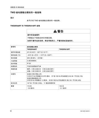 离散量 I/O 模块描述

TWD 继电器输出模块的一般规格
简介
本节介绍 TWD 继电器输出模块的一般规格。
TWDDRA8RT 和 TWDDRA16RT 规格

警告
意外的设备操作
不要超过下面指定的任何额定值。
如果不遵守这些说明，将会导致死亡、严重伤害或设备损坏。

参考号

继电器输出模块
TWDDRA8RT

TWDDRA16RT

操作环境温度

0°C 至 55°C （32°F 至 131°F）

储存温度 (°C)

- 25°C 至 +70°C （-13°F 至 +158°F）

相对湿度

30% 到 95% （无冷凝）

污染等级

2 (IEC60664)

防护等级

IP 20

耐腐蚀性

不应存在腐蚀性气体

海拔高度

操作：0 到 2,000 米 （0 到 6,560 英尺）
运输：0 到 3,000 米 （0 到 9,840 英尺）

抗振性

安装在 DIN 滑轨上时：
10 到 57 Hz 时振幅为 0.075 毫米， 57 到 150 Hz 时加速度为 9.8 米 / 平方秒 (1G)
安装在面板表面上时：
2 到 25 Hz 时振幅为 1.6 毫米， 25 到 100 Hz 时加速度为 39.2 米 / 平方秒 (4G)

耐冲击性

147 米 / 平方秒 (15G)， 11 毫秒持续时间

重量

110 克
（3.9 盎司）

62

145 克
（5.1 盎司）

35013255 06/2011

 