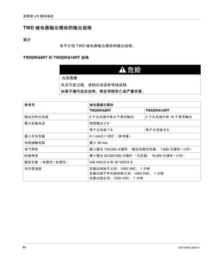 离散量 I/O 模块描述

TWD 继电器输出模块的输出规格
简介
本节介绍 TWD 继电器输出模块的输出规格。
TWDDRA8RT 和 TWDDRA16RT 规格

危险
火灾危险
电流可能过载，请相应地选择导线规格。
如果不遵守这些说明，将会导致死亡或严重伤害。

参考号

继电器输出模块
TWDDRA8RT

TWDDRA16RT

输出点和公共端

2 个公共端中有 8 个常开触点

2 个公共端中有 16 个常开触点

最大负载电流

每路输出 2 A
每个公共端 7 A

每个公共端 8 A

最小开关负载

0.1 mA/0.1 VDC （参考值）

初始接触电阻

最大 30 mΩ

电气寿命

最小值为 100,000 次操作 （额定电阻性负载， 1,800 次操作 / 小时）

机械寿命

最小值为 20,000,000 次操作 （无负载， 18,000 次操作 / 小时）

额定负载 （电阻性 / 电感性）

240 VAC/2 A 和 30 VDC/2 A

电介质强度

在输出到端子之间：1500 VAC， 1 分钟
在输出端子和内部电路之间：1500 VAC， 1 分钟
在输出组之间：1500 VAC， 1 分钟

64

35013255 06/2011

 