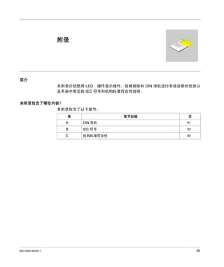 Twido 可编程控制器
35013255 06/2011

附录

简介
本附录介绍使用 LED、操作显示操作、故障排除和 DIN 滑轨进行系统诊断的信息以
及手册中常见的 IEC 符号和机构标准符合性说明。
本附录包含了哪些内容？
本附录包含了以下章节：
章

章节标题

页

A

91

B

IEC 符号

93

C

35013255 06/2011

DIN 滑轨

机构标准符合性

95

89

 