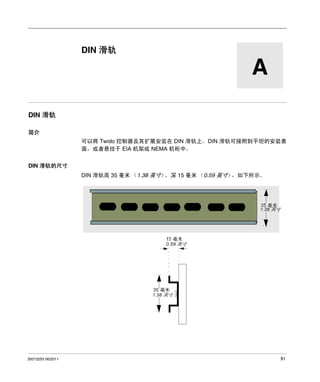 Twido 可编程控制器
DIN 滑轨
35013255 06/2011

DIN 滑轨

A
DIN 滑轨
简介
可以将 Twido 控制器及其扩展安装在 DIN 滑轨上。DIN 滑轨可接附到平坦的安装表
面，或者悬挂于 EIA 机架或 NEMA 机柜中。
DIN 滑轨的尺寸
DIN 滑轨高 35 毫米 （1.38 英寸）
，深 15 毫米 （0.59 英寸）
，如下所示。

35013255 06/2011

91

 