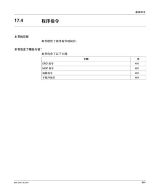 基本指令

17.4

程序指令

本节的目标
本节提供了程序指令的简介。
本节包含了哪些内容？
本节包含了以下主题：
主题

页

END 指令
NOP 指令

492

跳转指令

493

子程序指令

35013230 06/2011

490

494

489

 
