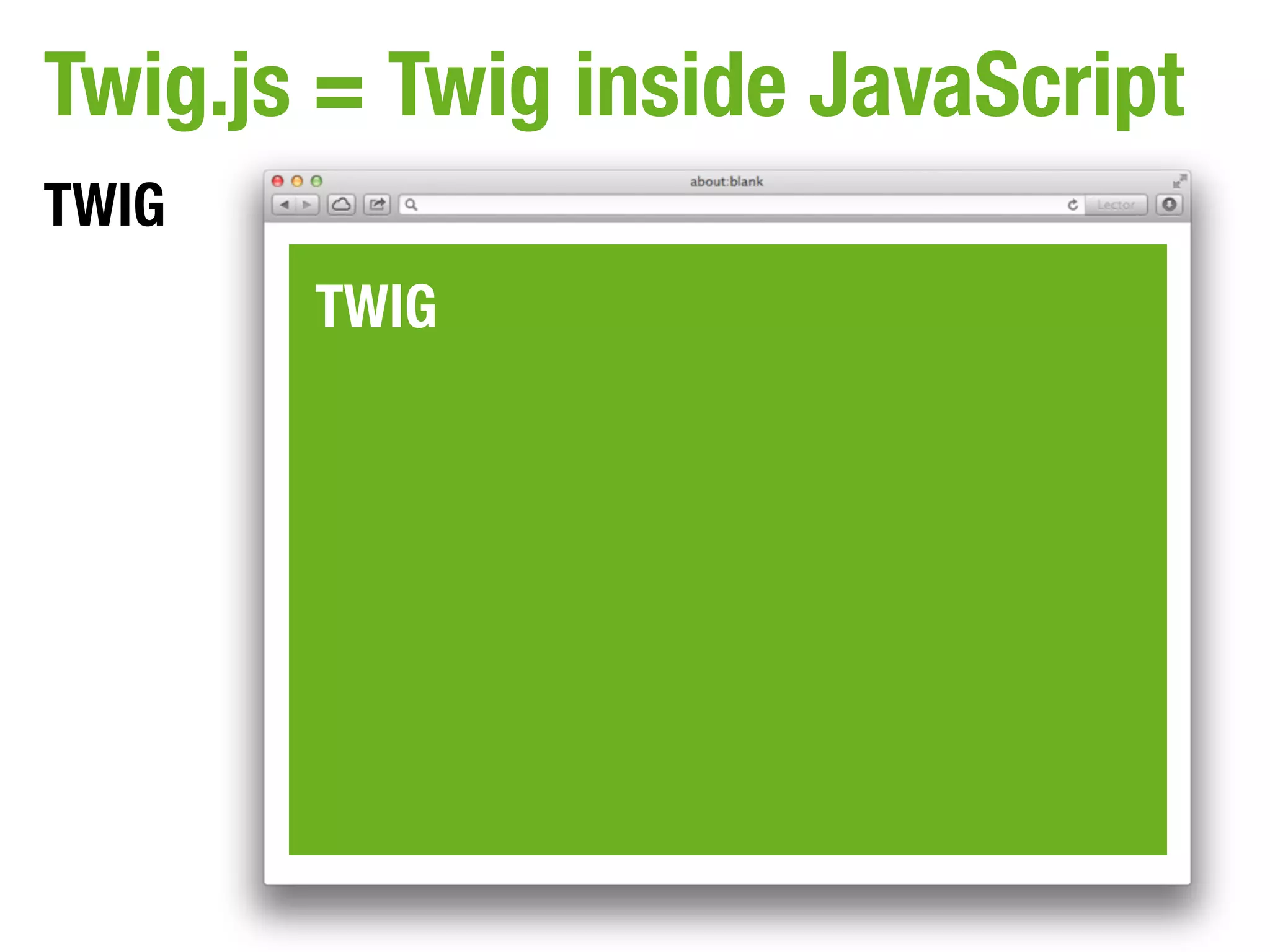 Twig.js = Twig inside JavaScript
TWIG
       TWIG
 