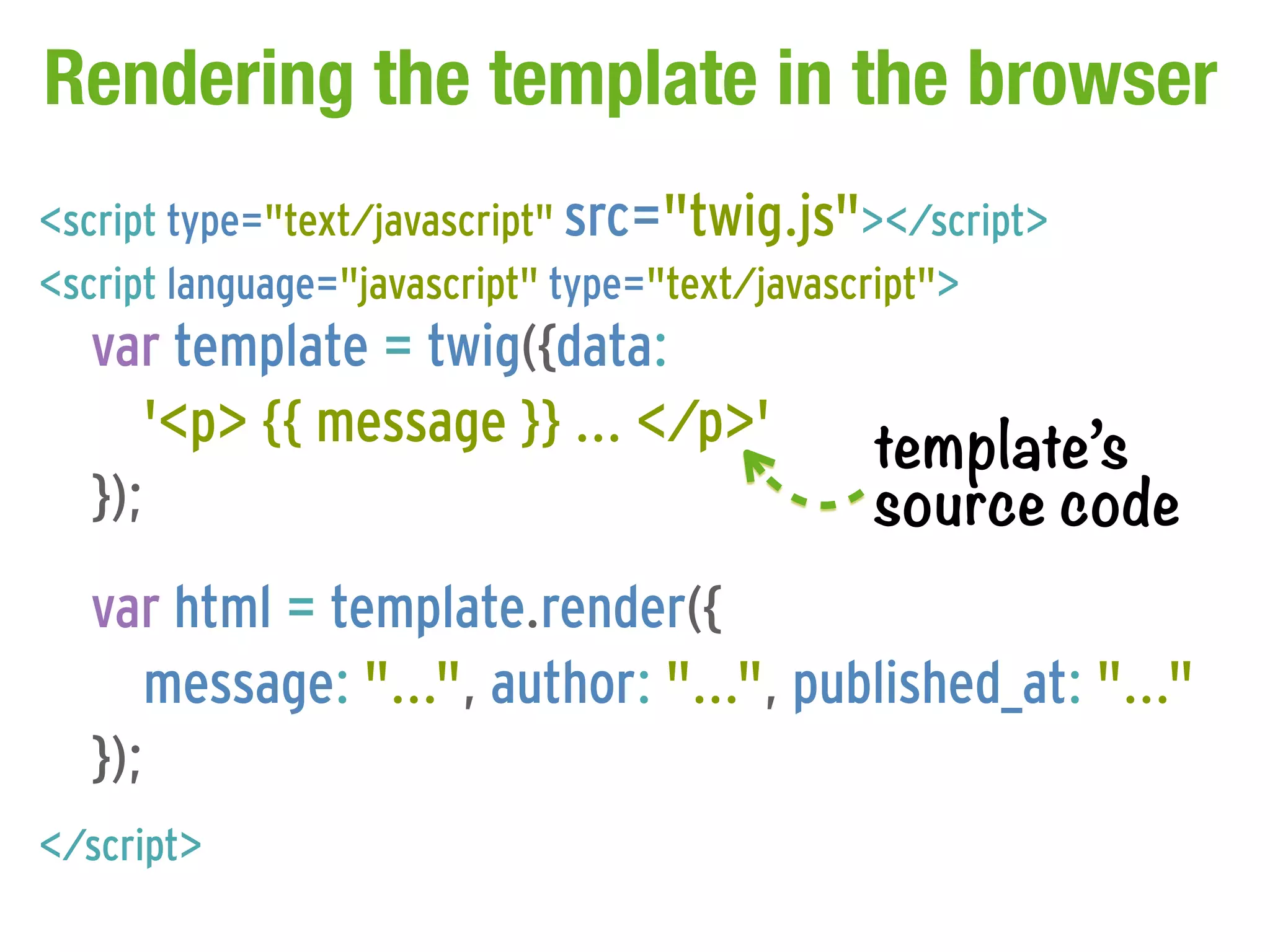 Rendering the template in the browser
<script type="text/javascript" src="twig.js"></script>
<script language="javascript" type="text/javascript">
  var template = twig({data:
     '<p> {{ message }} ... </p>'           template’s
  });                                       source code
  var html = template.render({
     message: "...", author: "...", published_at: "..."
  });
</script>
 