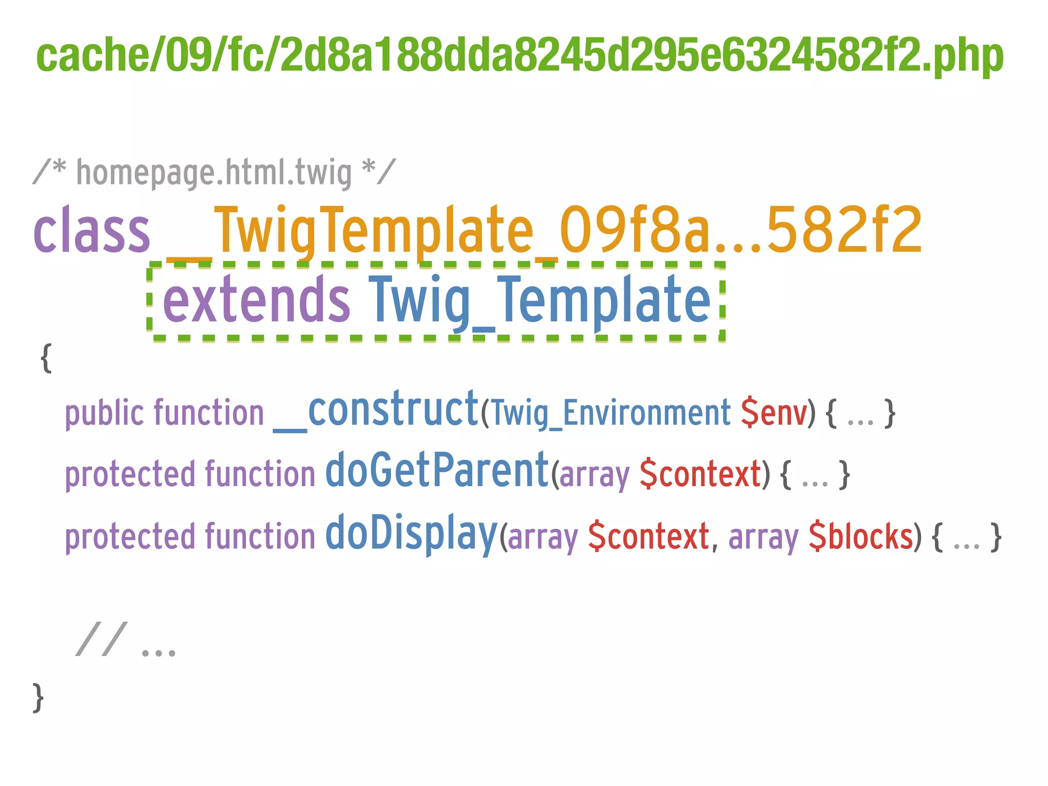 cache/09/fc/2d8a188dda8245d295e6324582f2.php

/* homepage.html.twig */
class __TwigTemplate_09f8a...582f2
      extends Twig_Template
{
    public function __construct(Twig_Environment $env) { ... }
    protected function doGetParent(array $context) { ... }
    protected function doDisplay(array $context, array $blocks) { ... }

    // ...
}
 
