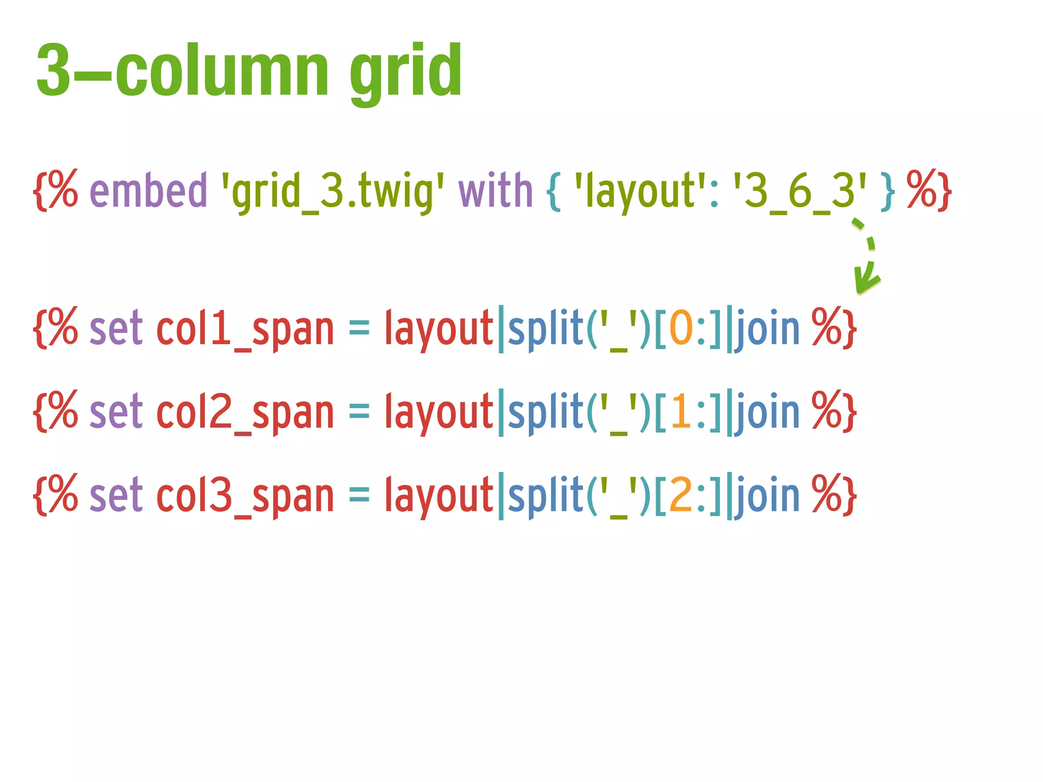 3-column grid
{% embed 'grid_3.twig' with { 'layout': '3_6_3' } %}

{% set col1_span = layout|split('_')[0:]|join %}
{% set col2_span = layout|split('_')[1:]|join %}
{% set col3_span = layout|split('_')[2:]|join %}
 