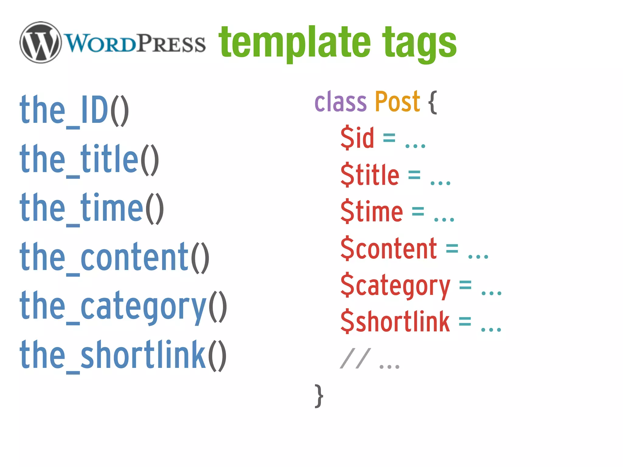 WordPress template tags
the_ID()          class Post {
                     $id = ...
the_title()          $title = ...
the_time()           $time = ...
the_content()        $content = ...
                     $category = ...
the_category()       $shortlink = ...
the_shortlink()      // ...
                  }
 