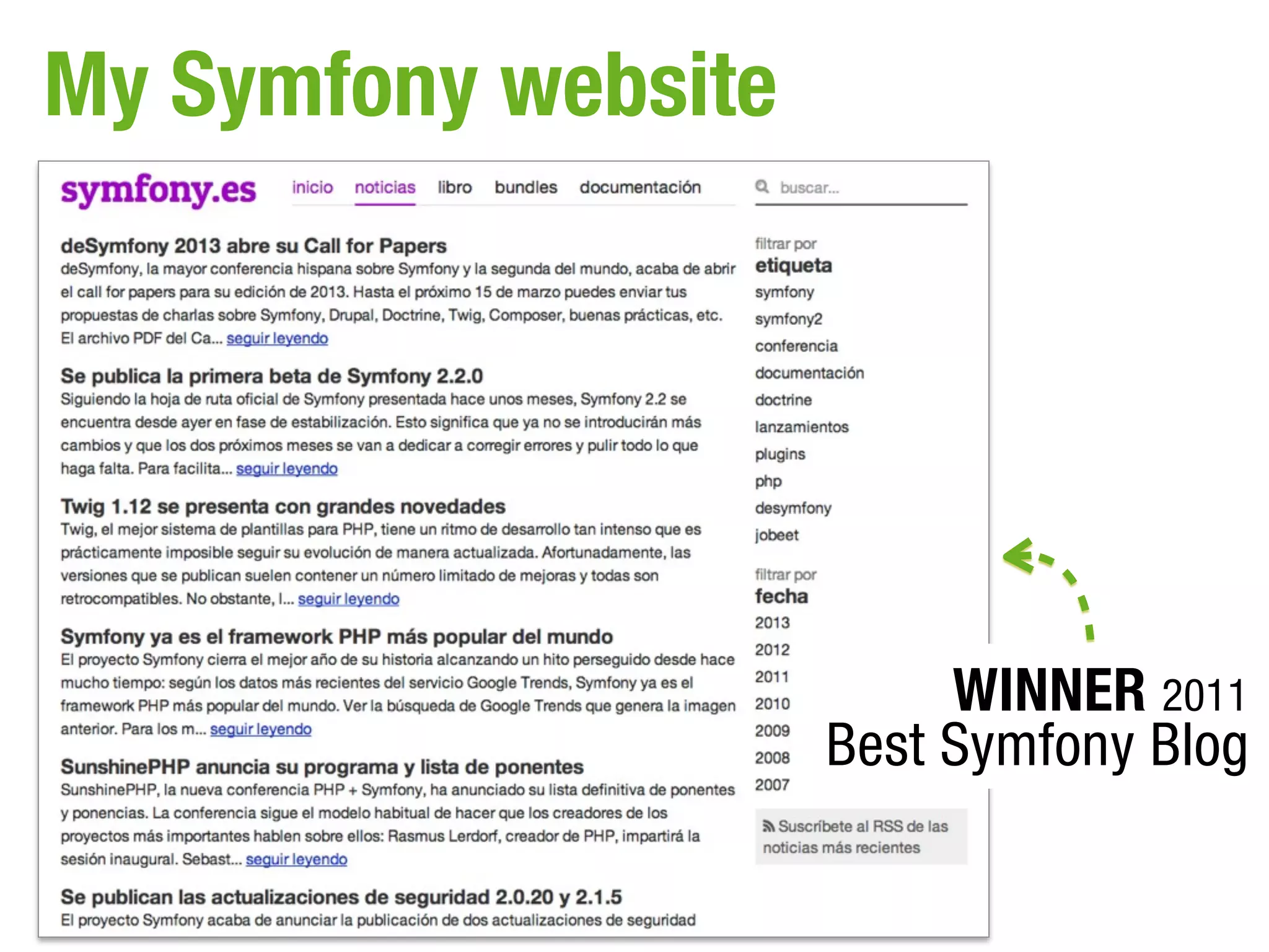 My Symfony website




                          WINNER 2011
                     Best Symfony Blog
 
