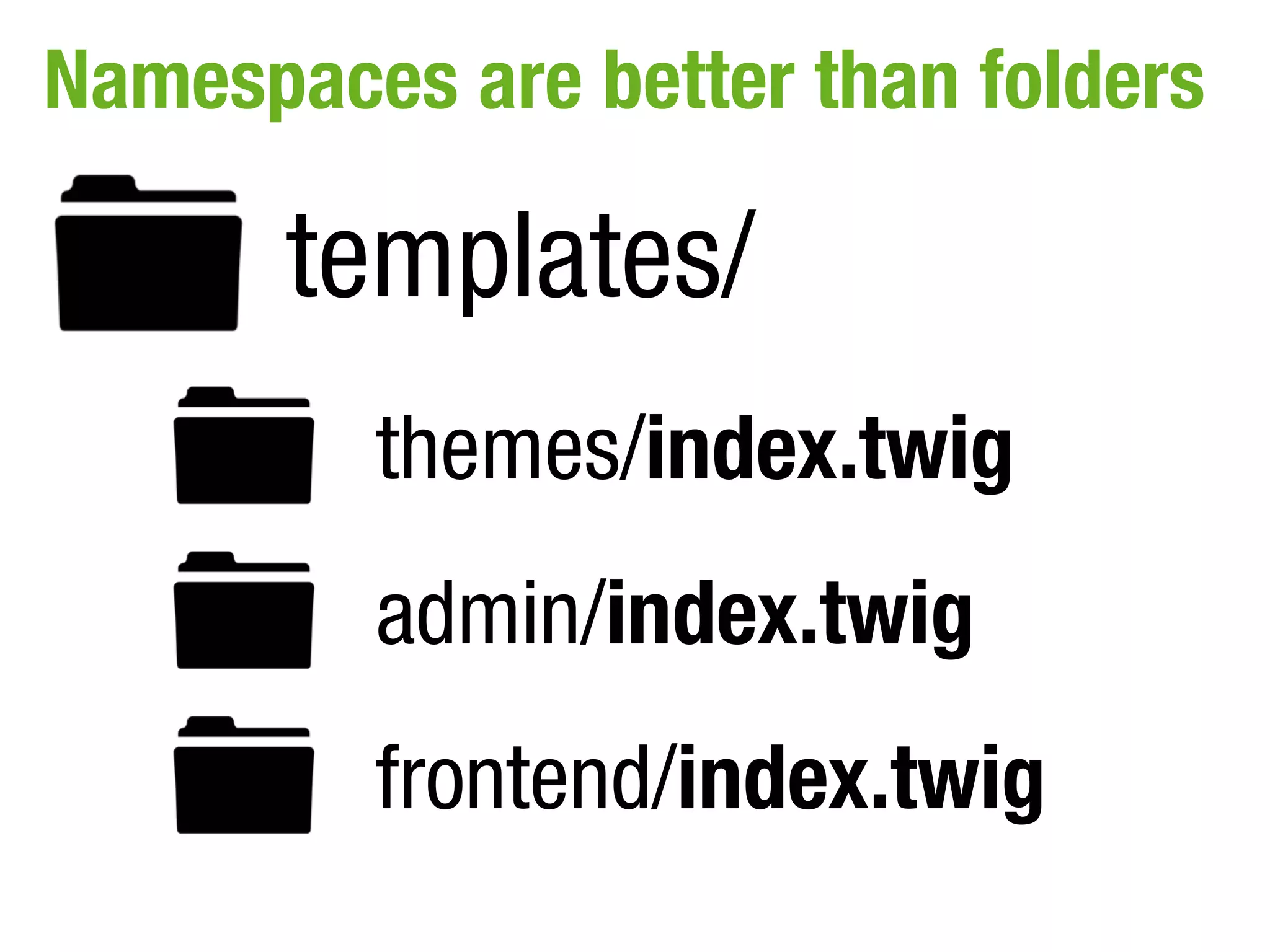 Namespaces are better than folders

       templates/
         themes/index.twig
         admin/index.twig
         frontend/index.twig
 