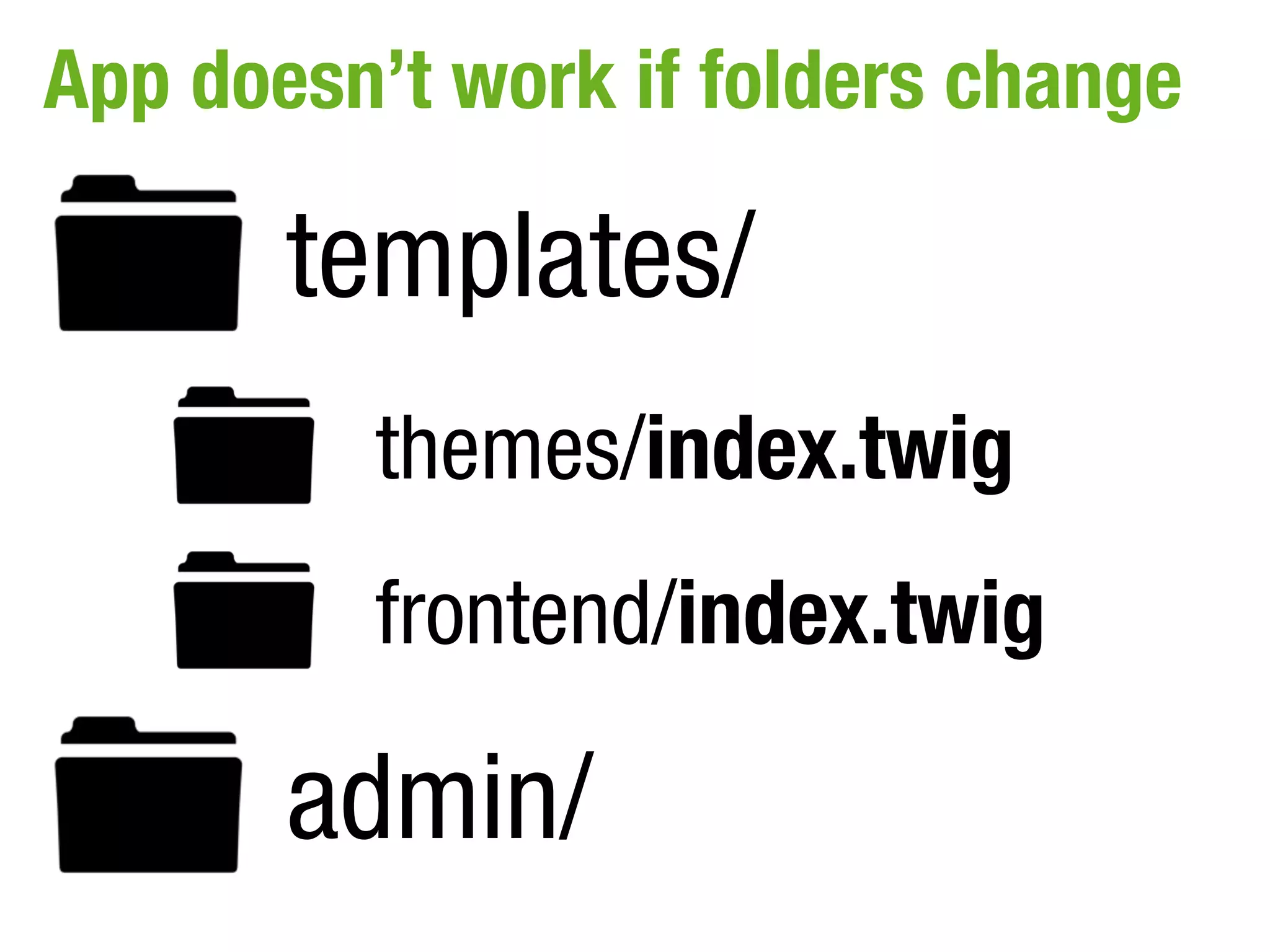App doesn’t work if folders change

       templates/
         themes/index.twig
         frontend/index.twig

       admin/
 