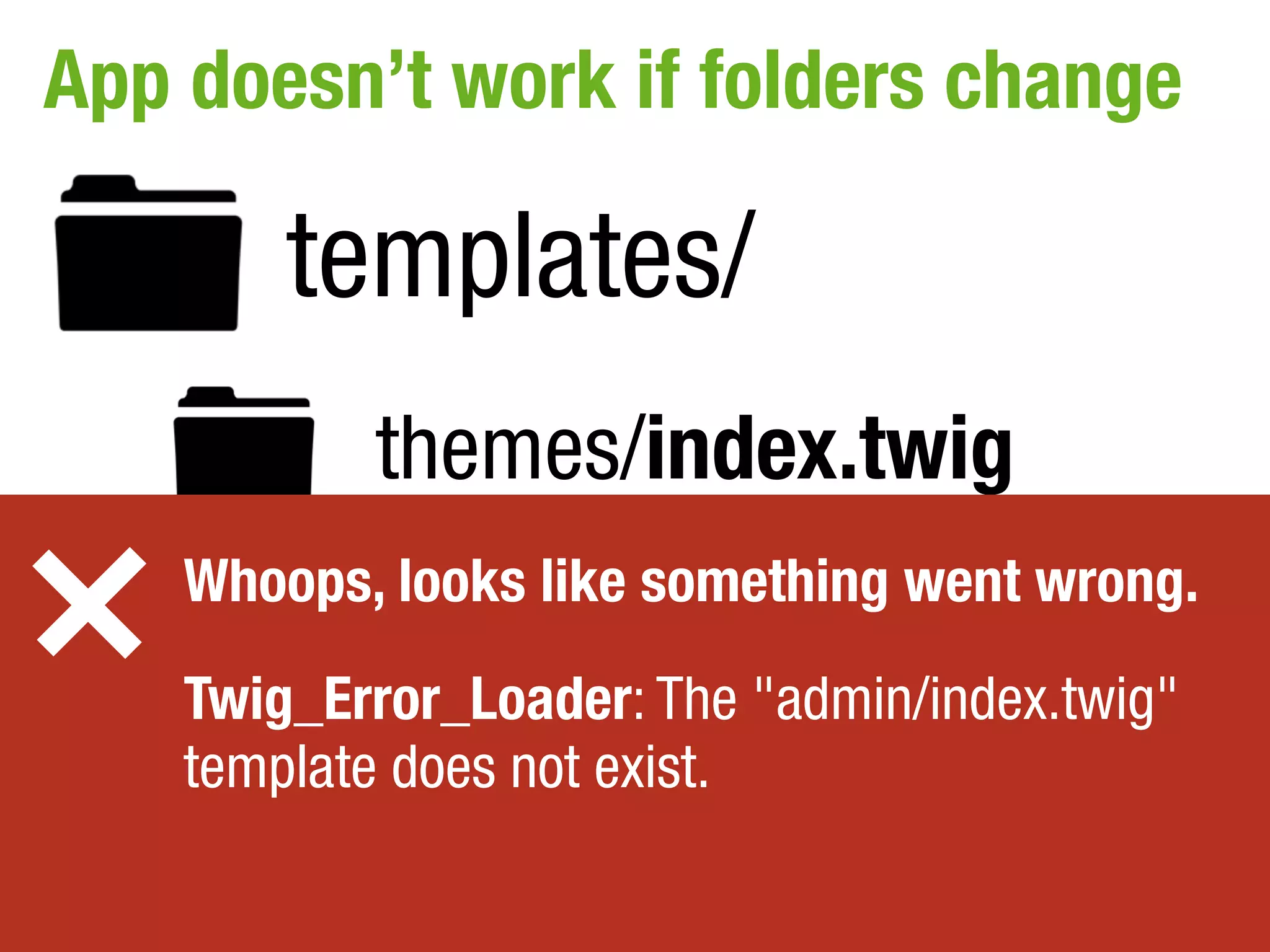 App doesn’t work if folders change

        templates/
           themes/index.twig
    Whoops, looks like something went wrong.
           frontend/index.twig
    Twig_Error_Loader: The "admin/index.twig"

        admin/
    template does not exist.
 