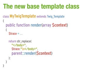 The new base template class
class MyTwigTemplate extends Twig_Template
{
    public function render(array $context)
    {
        $trace = ...

        return str_replace(
          "</body>",
          $trace."n</body>",
             parent::render($context)
        );
    }
}
 