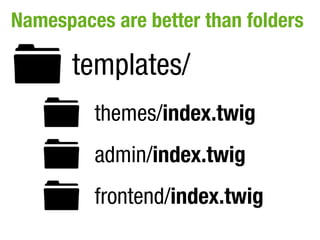 Namespaces are better than folders

       templates/
         themes/index.twig
         admin/index.twig
         frontend/index.twig
 