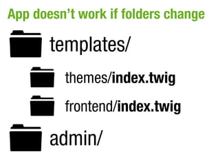 App doesn’t work if folders change

       templates/
         themes/index.twig
         frontend/index.twig

       admin/
 