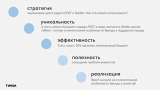 стратегия
одинаковые цвета радуги ЛГБТ и Skittles. Как это можно использовать?
в честь самого большого парада ЛГБТ в мире лончуется Skittles special
edition - потеря отличительной особенности бренда в поддержку парада
31мл. охват, 50% органика, минимальный бюджет
освещение проблем равенства
Ярко! сыграли на отличительной
особенности бренда в своей ЦА
уникальность
эффективность
полезность
реализация
 