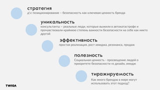 стратегия
дс позиционирование – безопасность как ключевая ценность бренда
консультанты – реальные люди, которые выжили в автокатастрофе и
прочувствовали крайнюю степень важности безопасности на себе как никто
другой
Социальная ценность - просвещение людей о
приоритете безопасности vs дизайн, имидж
Как много брендов в мире могут
использовать этот подход?
уникальность
эффективность
полезность
тиражируемость
простая реализация, рост имиджа, резонанса, продаж
 