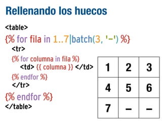 Rellenando los huecos
<table>

{% for fila in 1..7|batch(3, '-') %}
<tr>
{% for columna in fila %}
<td> {{ columna }} </td>
{% endfor %}
</tr>

{% endfor %}
</table>

1

2

3

4

5

6

7

-

-

 