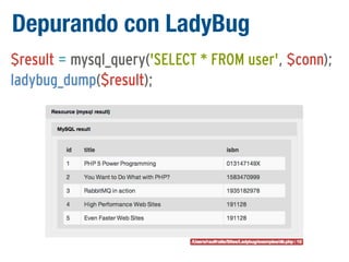 Depurando con LadyBug
$result = mysql_query('SELECT * FROM user', $conn);
ladybug_dump($result);

 