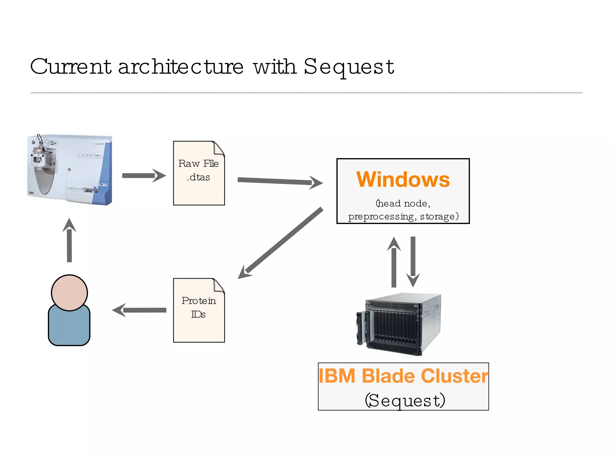 Current architecture with Sequest Raw File .dtas Protein IDs IBM Blade Cluster (Sequest) Windows (head node, preprocessing, storage) 