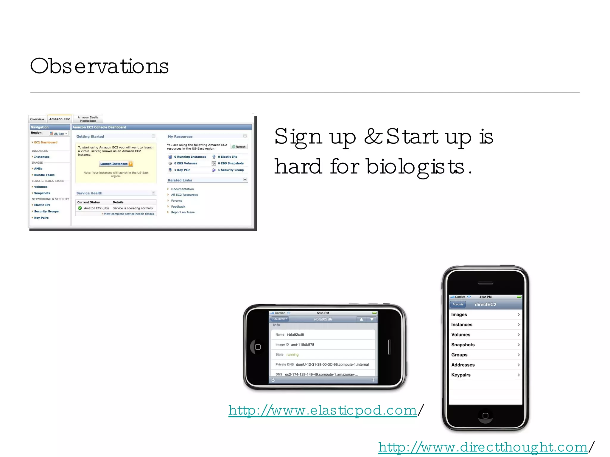 Observations Sign up & Start up is hard for biologists. http://www.directthought.com / http://www.elasticpod.com / 