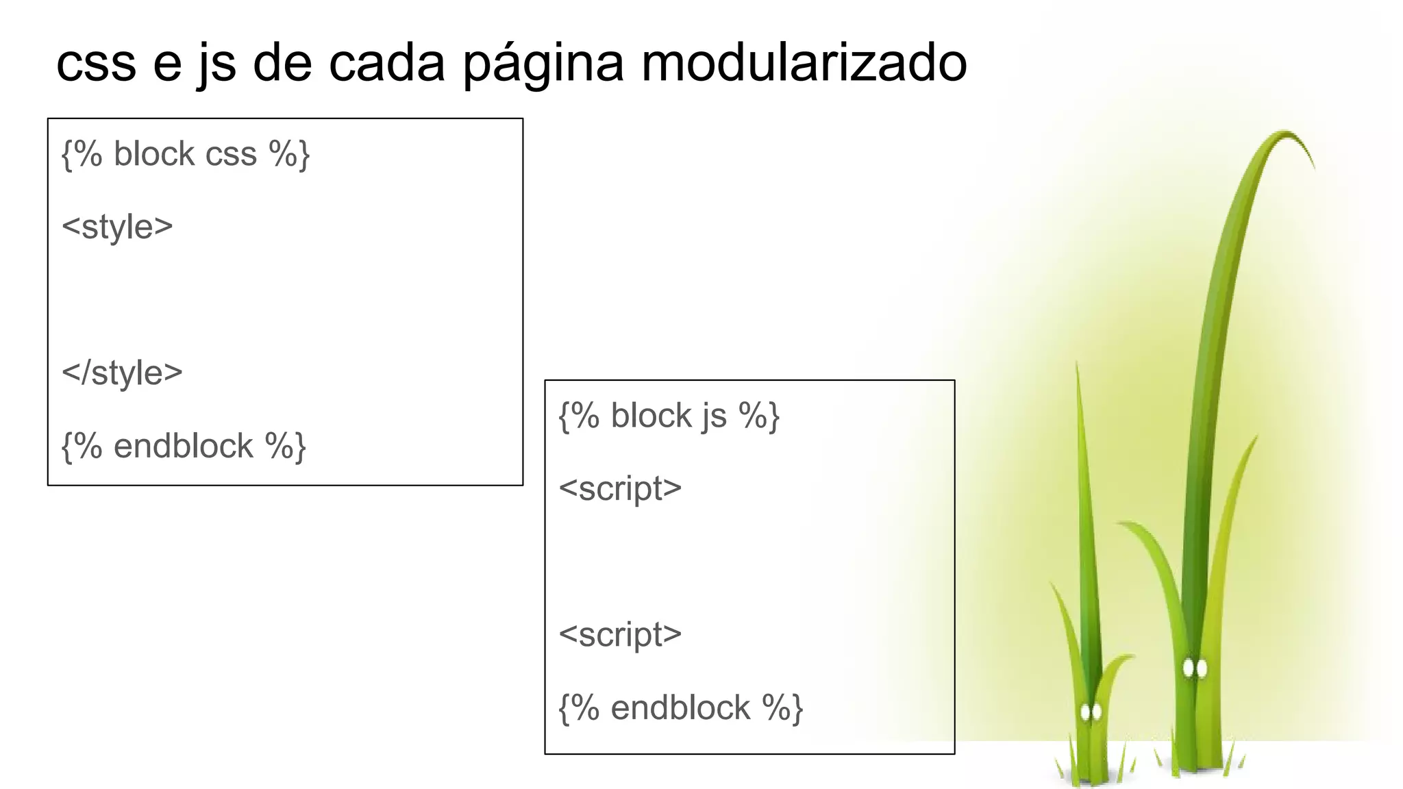css e js de cada página modularizado {% block css %} <style> </style> {% endblock %} {% block js %} <script> <script> {% endblock %} 