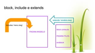 block, include e extends
PAGINA MODELO
includes ‘menu.twig’
block conteudo
PAGINA FILHA
endblock
extends ‘modelo.twig’
 