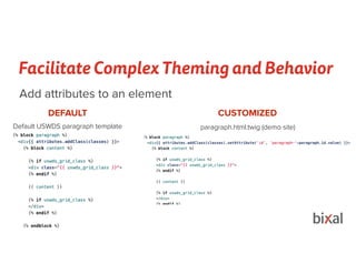 Facilitate Complex Theming and Behavior
Add attributes to an element
DEFAULT CUSTOMIZED
Default USWDS paragraph template paragraph.html.twig (demo site)
 